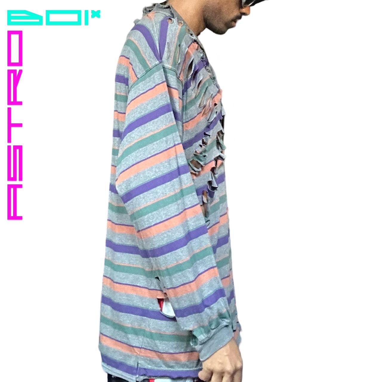 ASTROBOI* GRAY RIPPED GRUNGE STRIPED LONG SLEEVE OVERSIZED POLO SHIRT _ XL