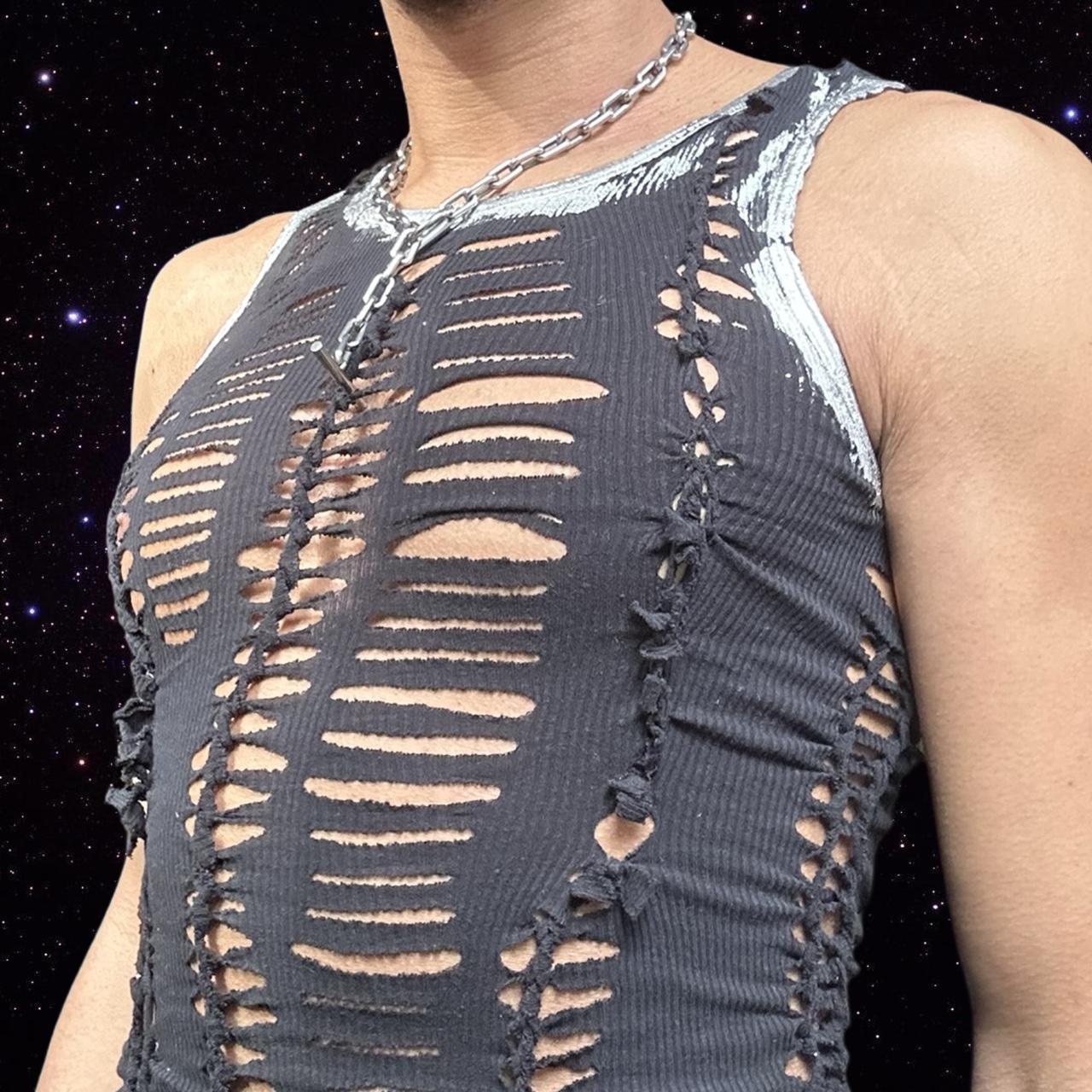 ASTROBOI* 'Zinc' Silver Foiled Black Braided Tank - front detail 2