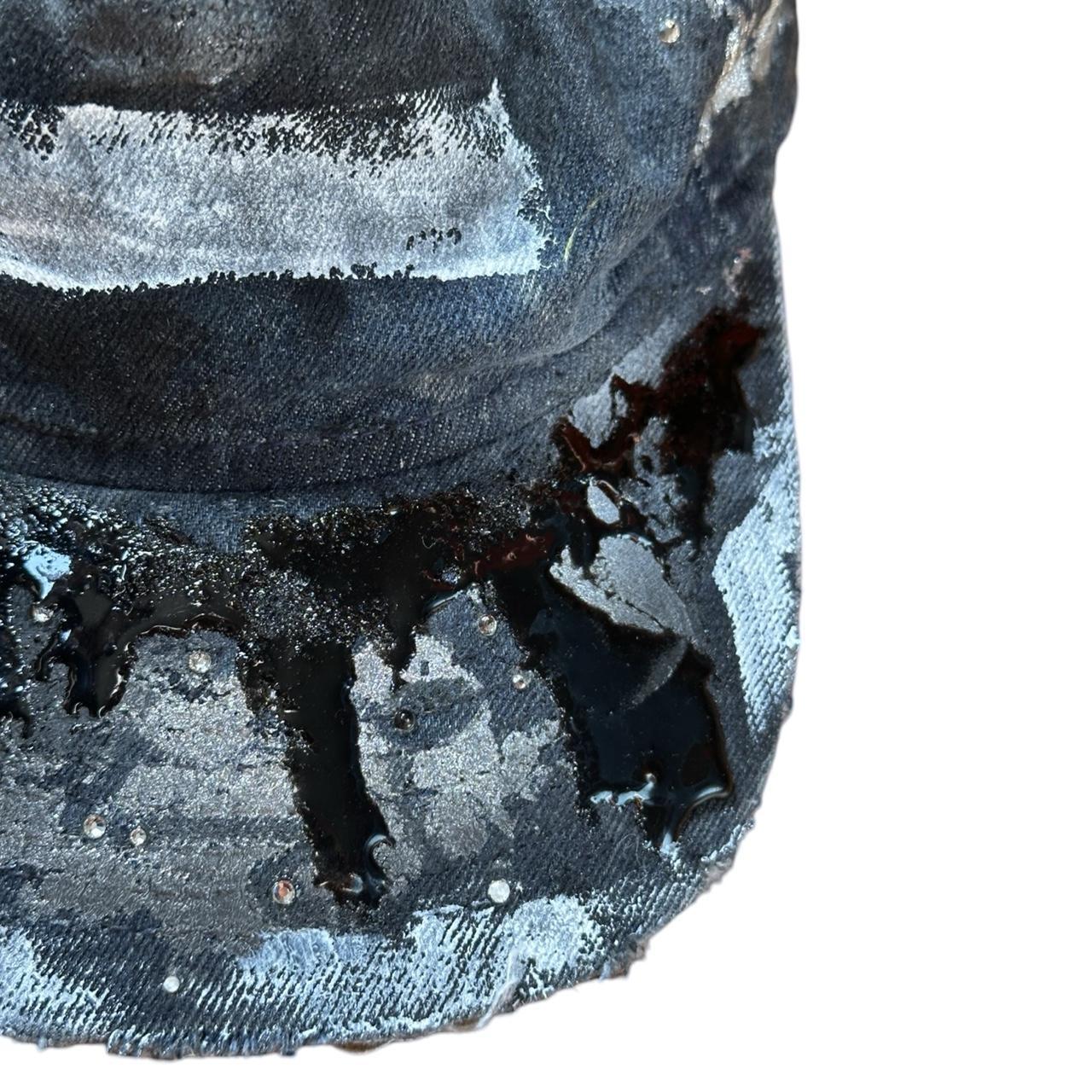 ASTROBOI* 'Denim Tar' Blue Distressed Painted Rhinestone Resin Hat - close up right