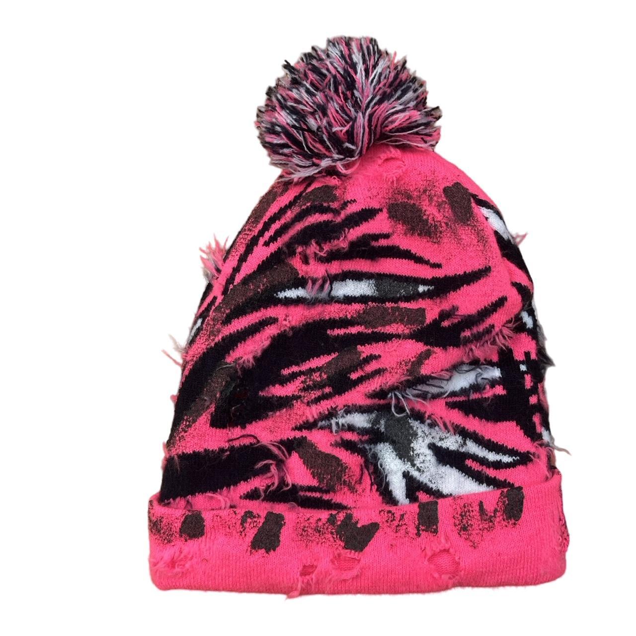 ASTROBOI* 'VOYAGER' Pink Distressed Swan Pom Pom Beanie, flat back