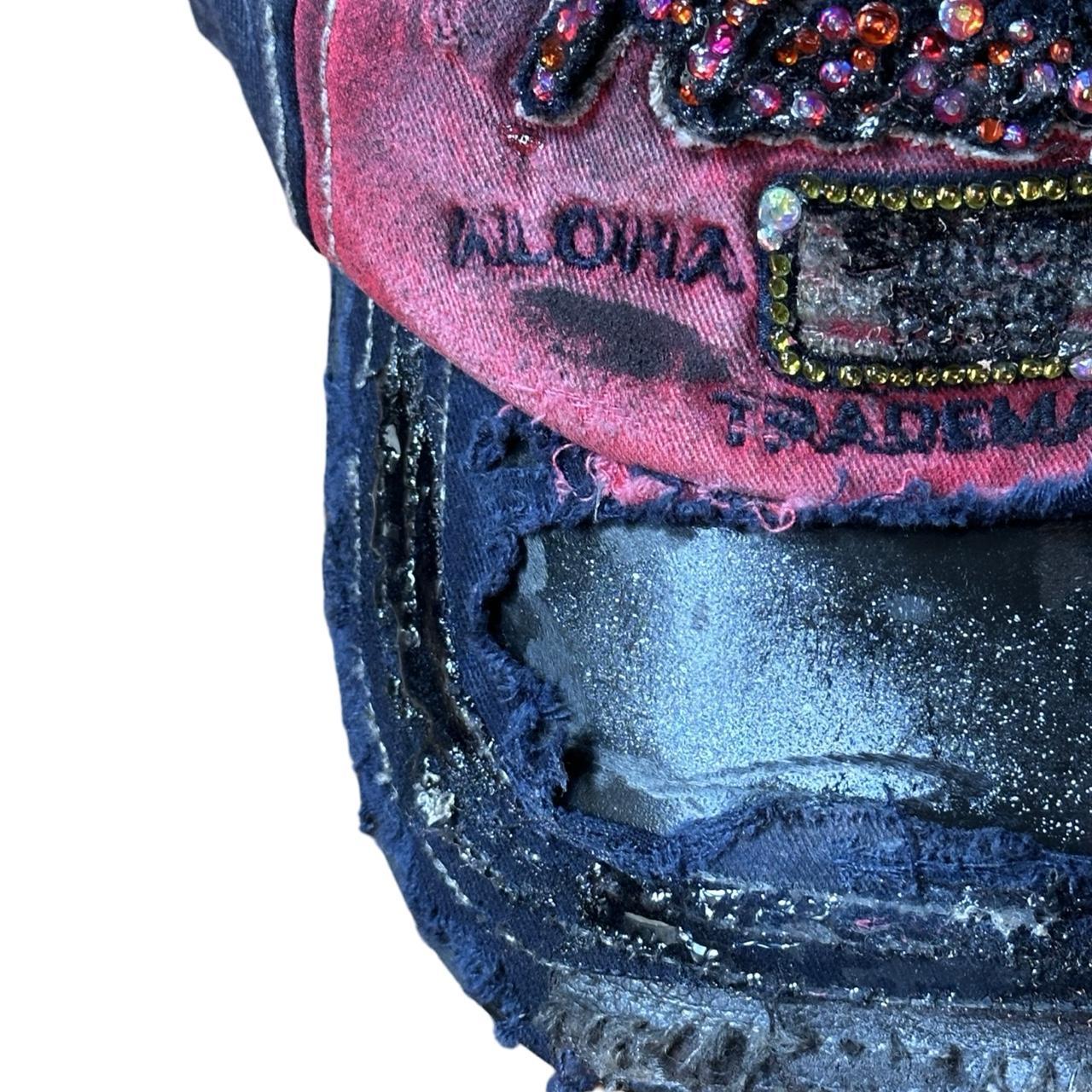 ASTROBOI* 'Hawaii' Y2K Red/Blue Rhinestone Hat, close up