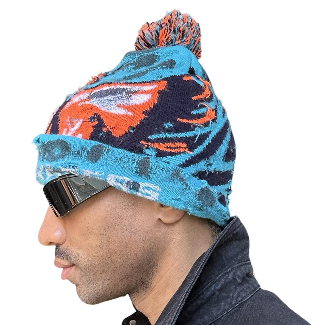 ASTROBOI* 'VOYAGER' Blue Distressed Painted Pom Pom Beanie , left