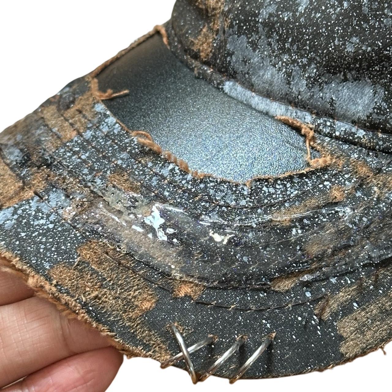 ASTROBOI* Paint Splatter & Pierced Brown Leather Resin Hat , flat right side detail