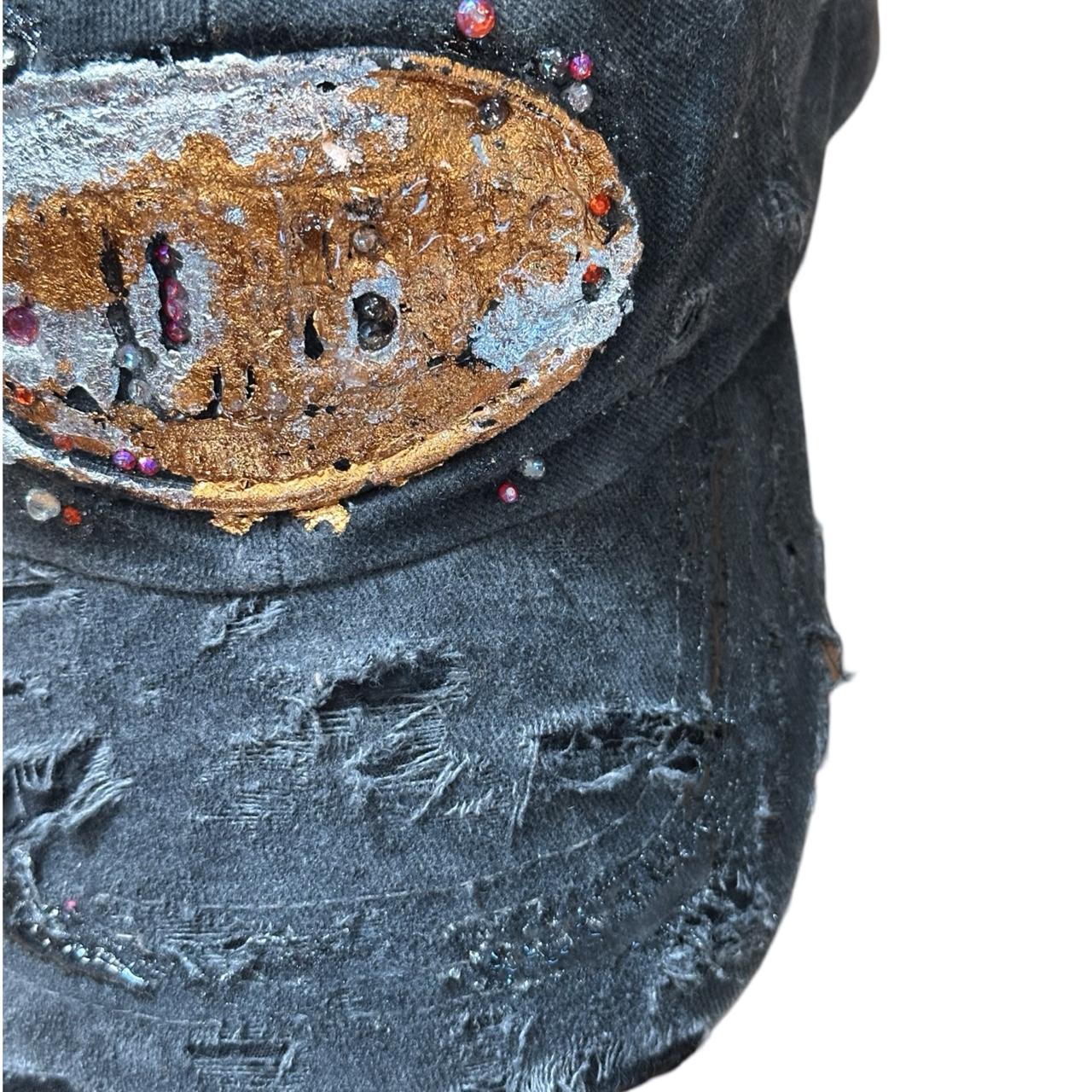 ASTROBOI 'NOCU' Black Distressed Copper Rhinestone Hat, front right detail