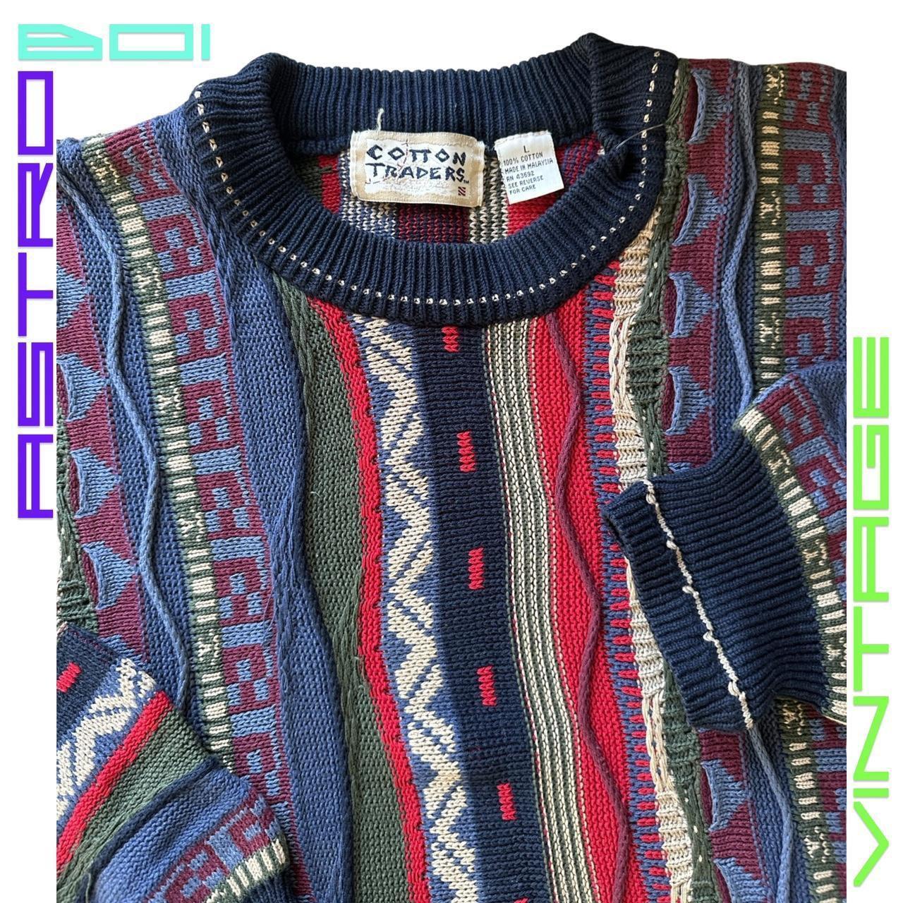 Vintage Cotton Traders blue and red Coogi-style knit sweater with raised textured pattern, 90s dad fit, men's large. flat image close up of tag