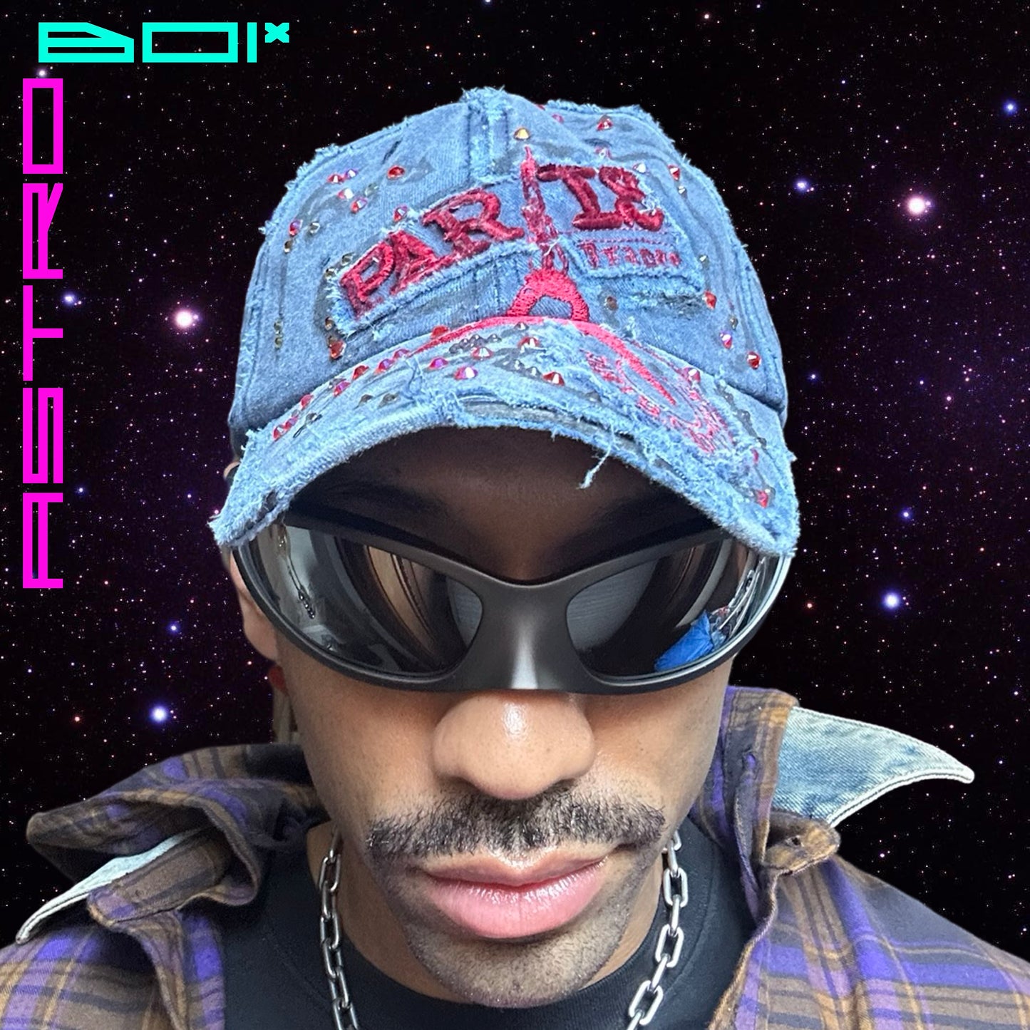 ASTROBOI* 'Lights of Paris' Blue Rhinestone Baseball Graffiti Hat