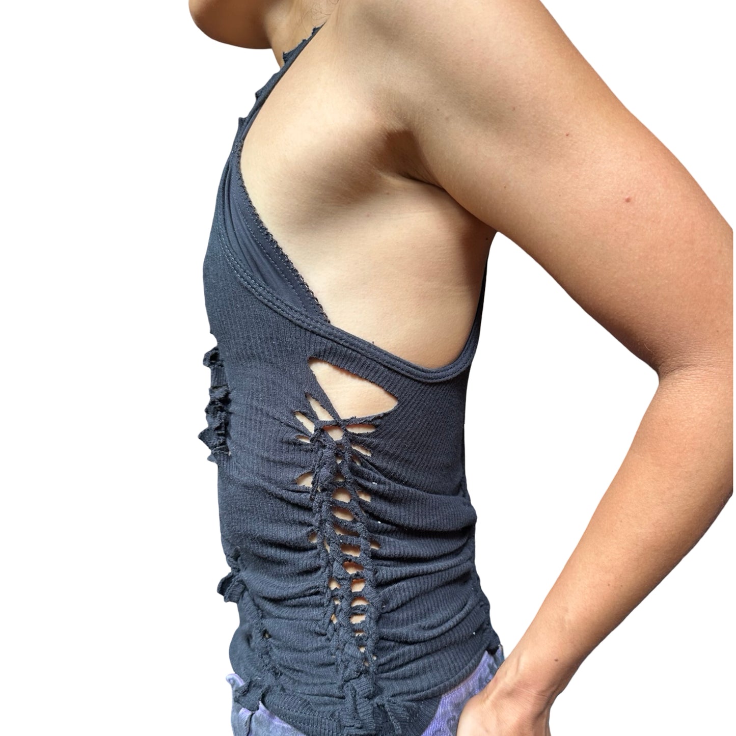 ASTROBOI* x Gildan 'Octavos' Black Asymmetric Braided Twist Tank Top - left