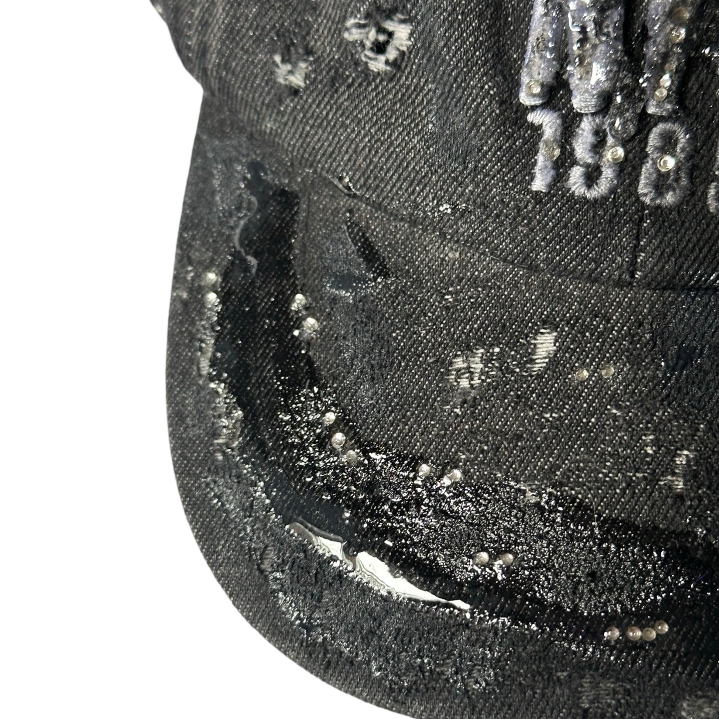 ASTROBOI* New York Black Distressed Denim Resin & Rhinestone Hat - left close up