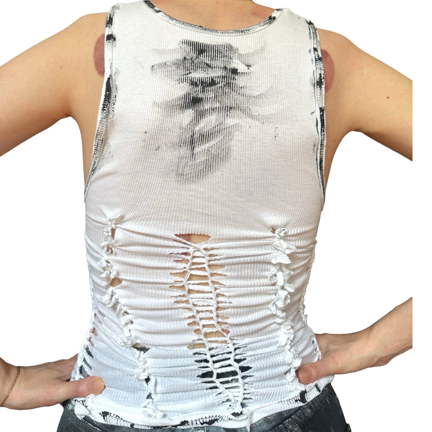 ASTROBOI* 'Smudge' White & Black Painted Braided Twist Tank Top – back