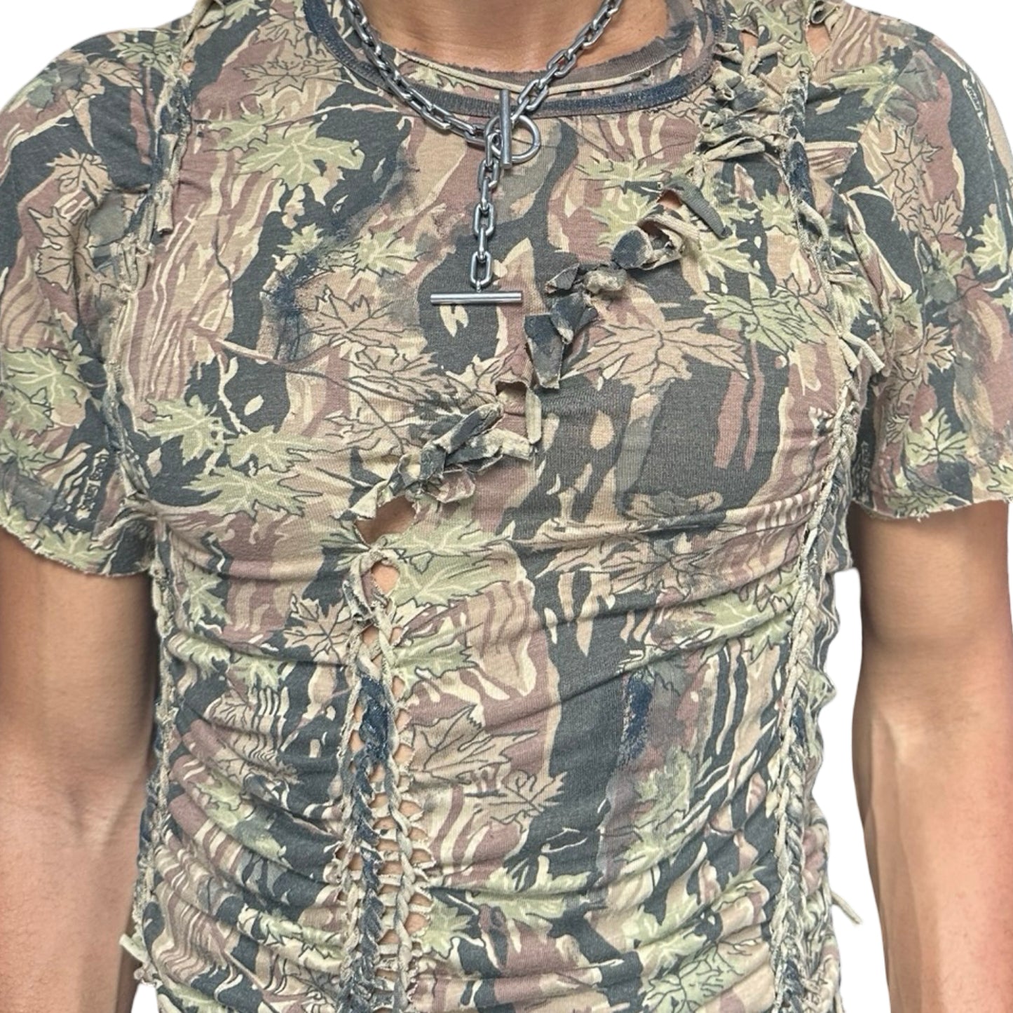 ASTROBOI* Tan Real Tree Camo Braided Twist T-Shirt – front detail