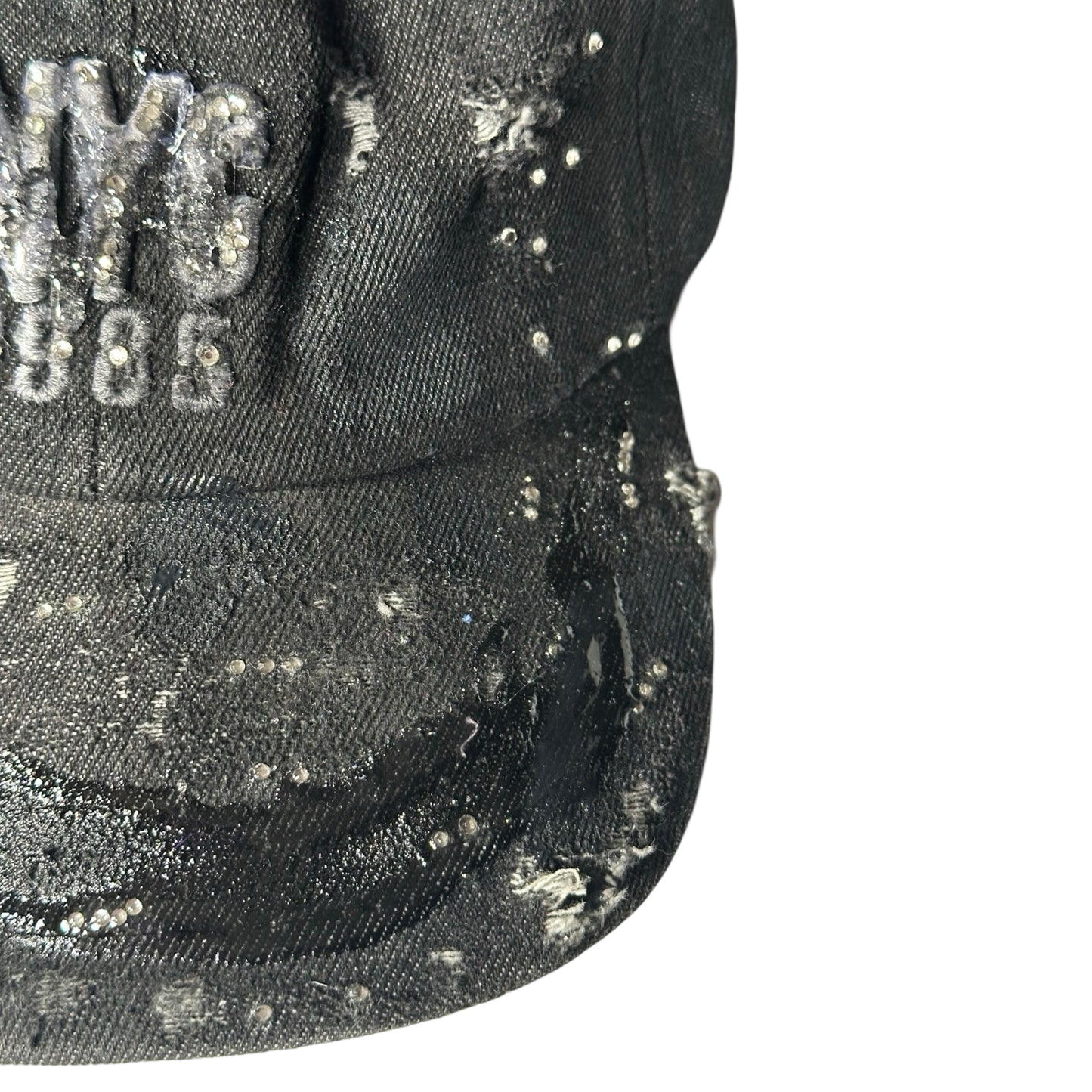 ASTROBOI* New York Black Distressed Denim Resin & Rhinestone Hat - right close up