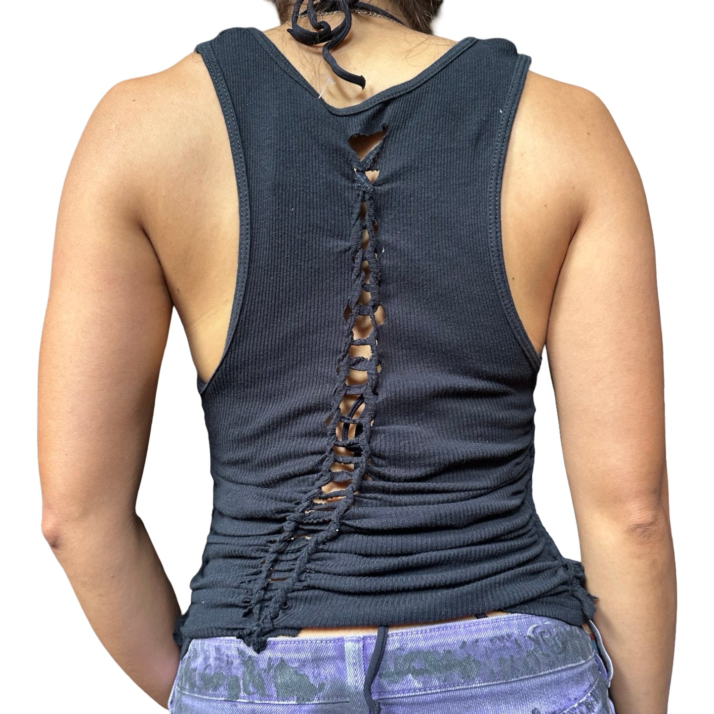 ASTROBOI* x Gildan 'Octavos' Black Asymmetric Braided Twist Tank Top - womens back
