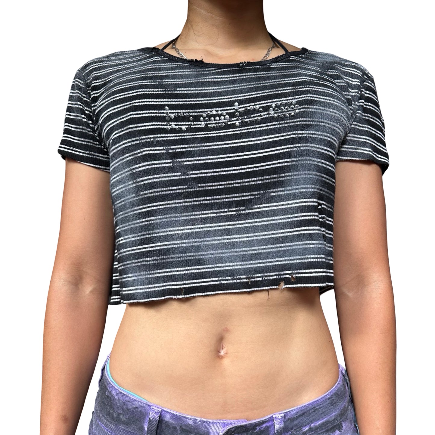 ASTROBOI* BEBE Black & White Striped Crop Top - front her