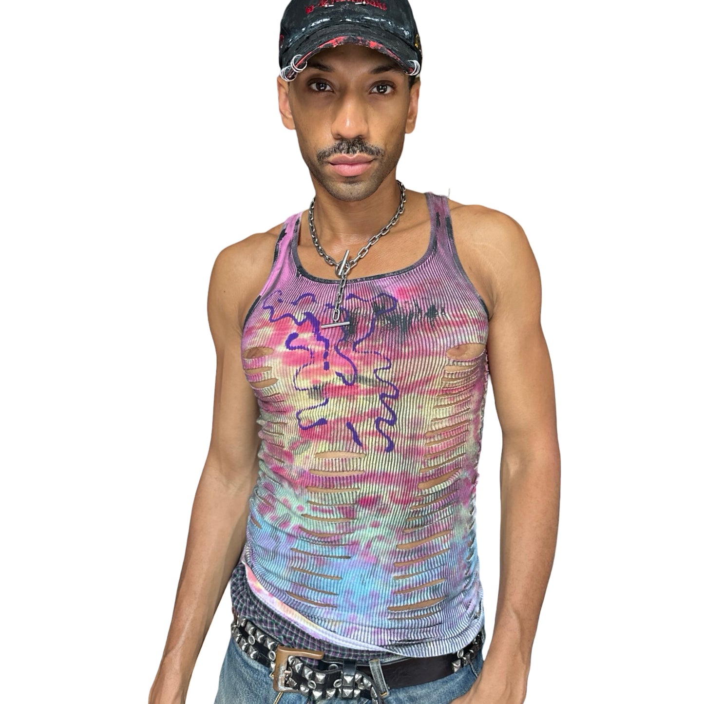 ASTROBOI* x Hanes 'Skies' Pink/Blue Tie Dye Print Tank Top - overview