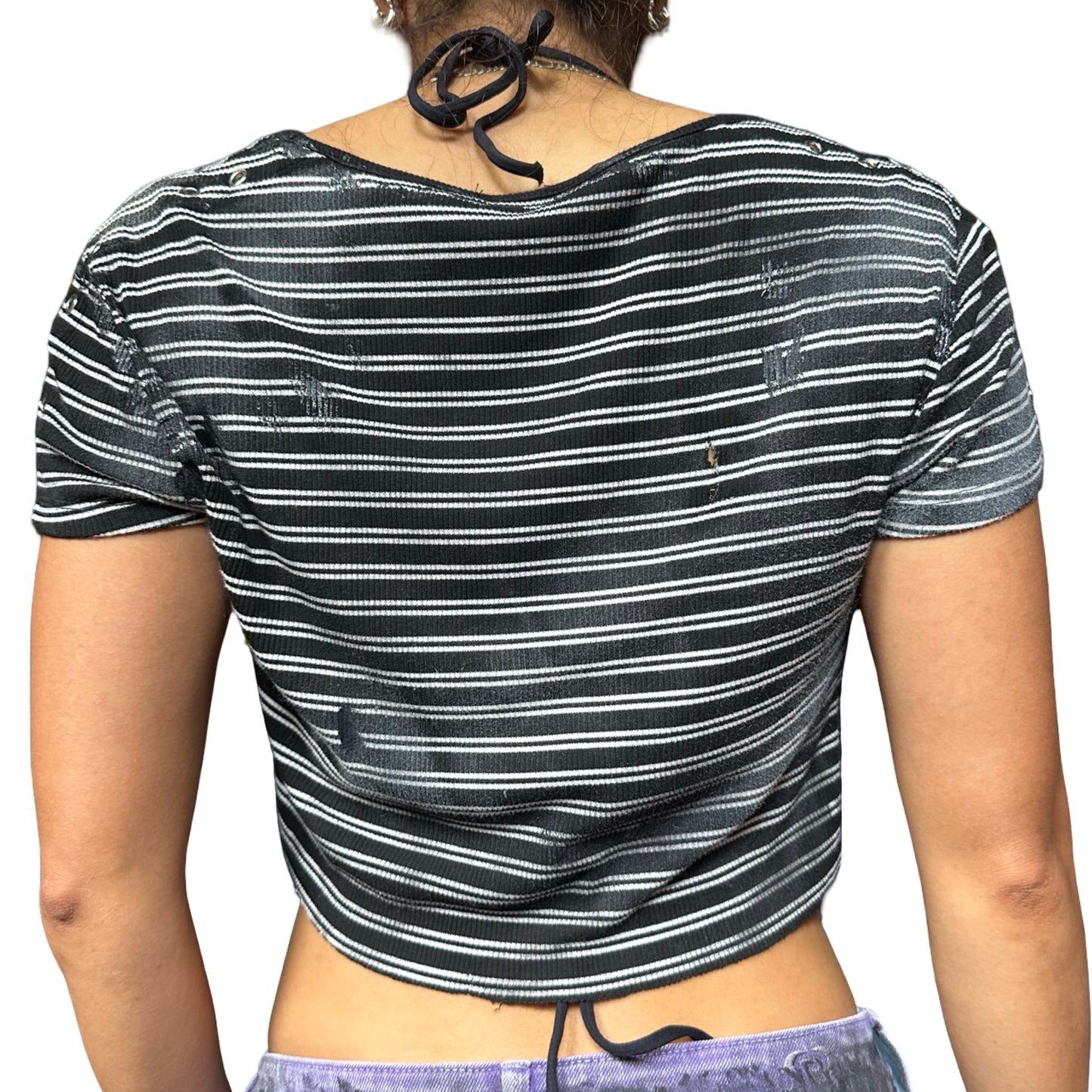 ASTROBOI* BEBE Black & White Striped Crop Top - back her