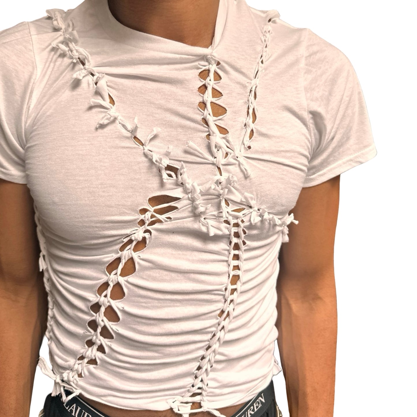 ASTROBOI* x Hanes 'Blanc' White Braided Twist T-Shirt – front detail