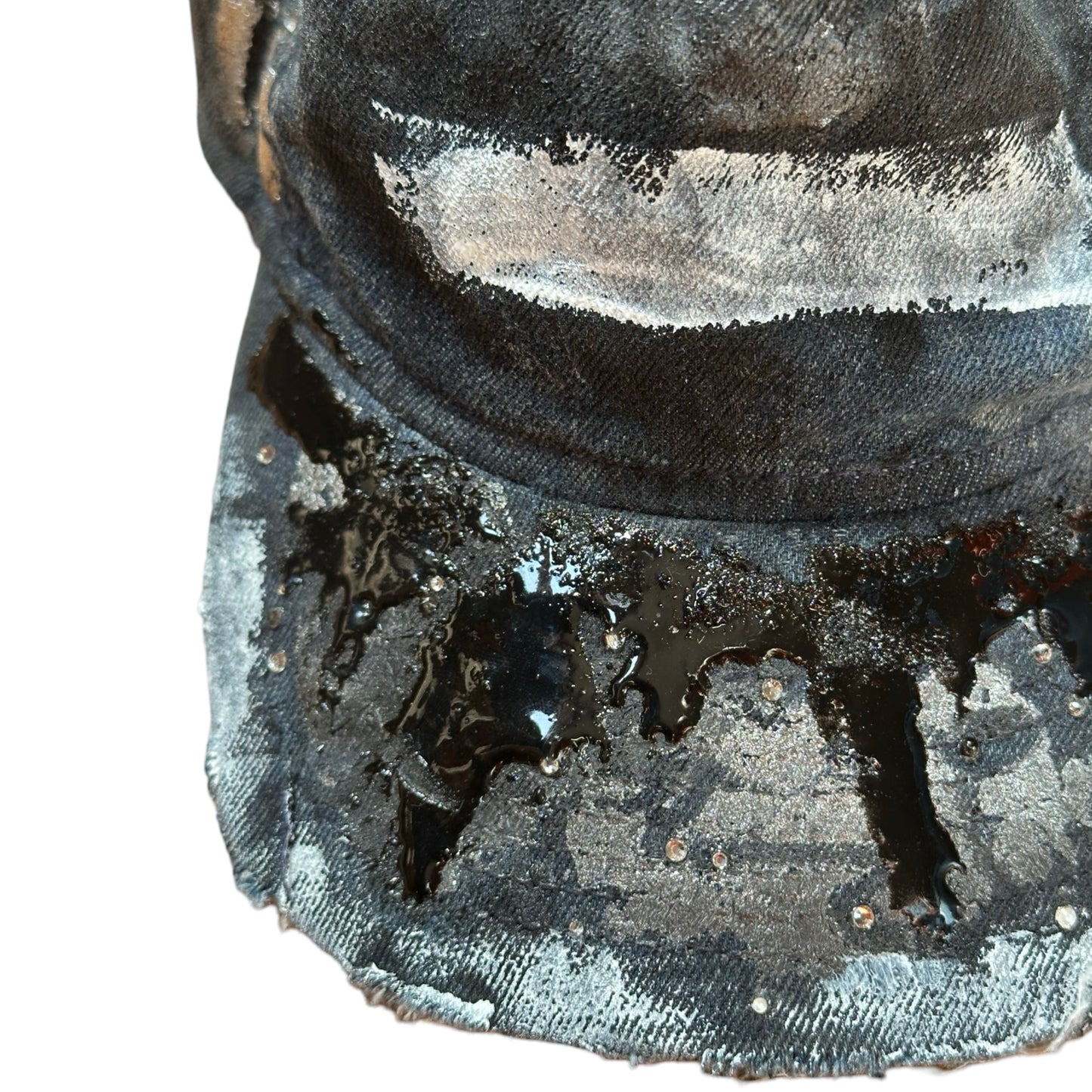 ASTROBOI* 'Denim Tar' Blue Distressed Painted Rhinestone Resin Hat - flat front left
