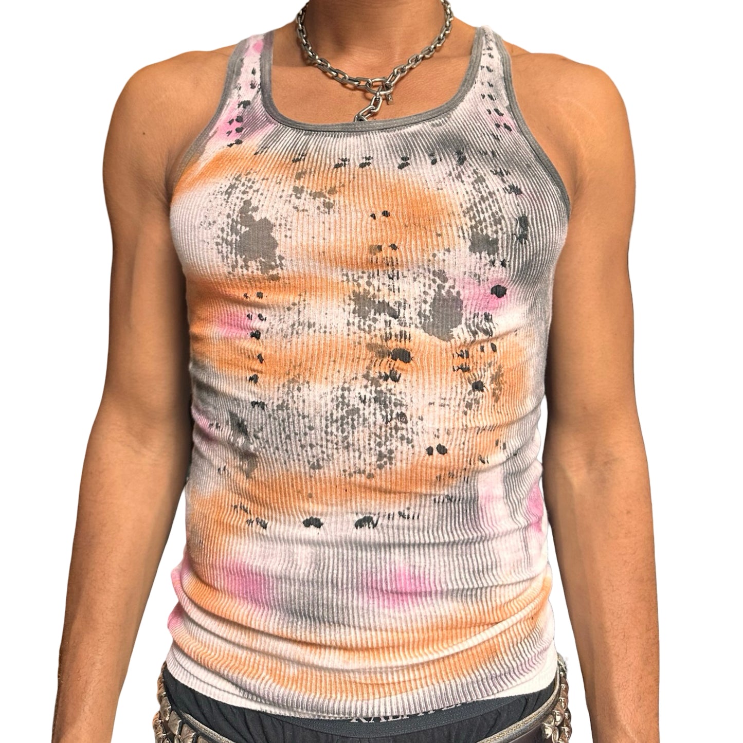 ASTROBOI* x Hanes 'Mars' White Ribbed Pink/Orange/Black Graphic Print Tank Top – front