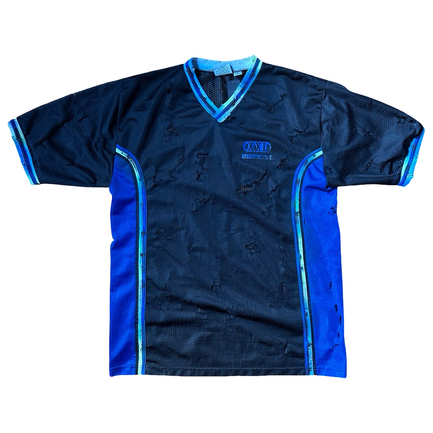 ASTROBOI* XXL Black & Blue Distressed Mesh Grunge Jersey - flat front