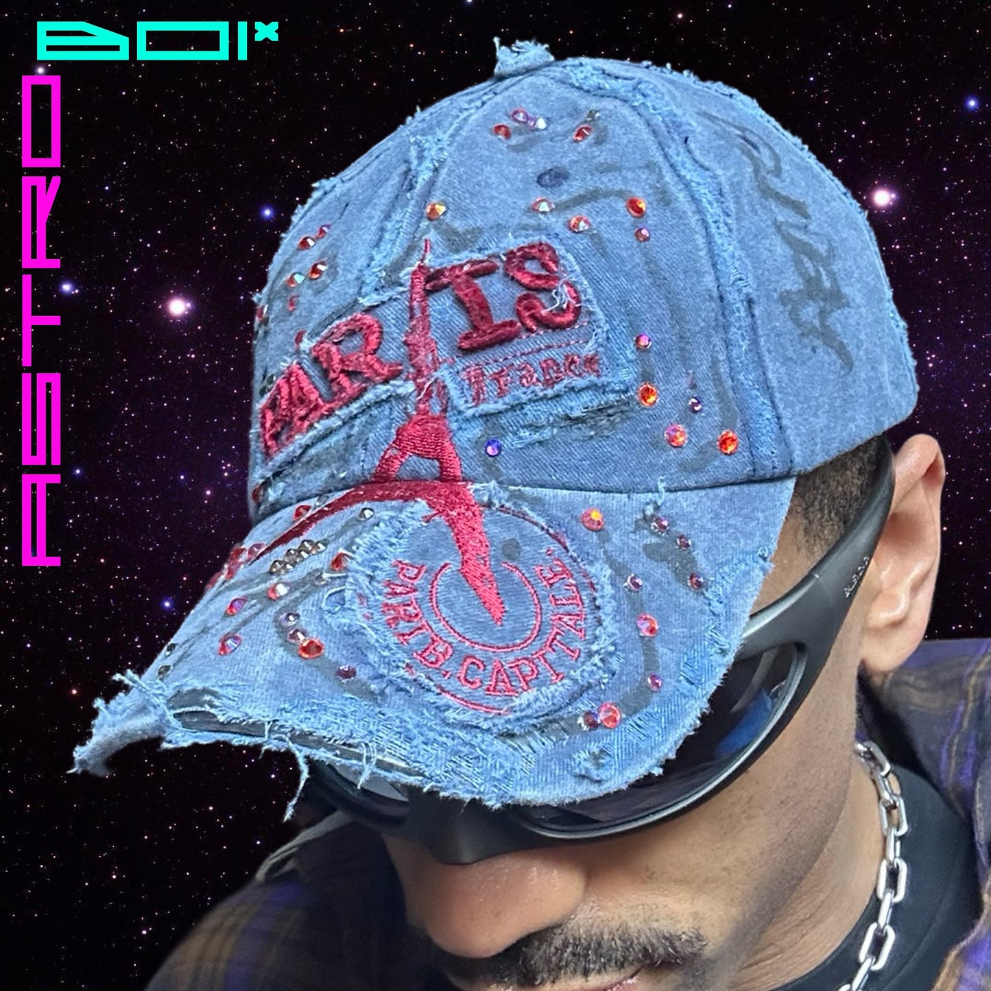 ASTROBOI* 'Lights of Paris' Blue Rhinestone Baseball Graffiti Hat