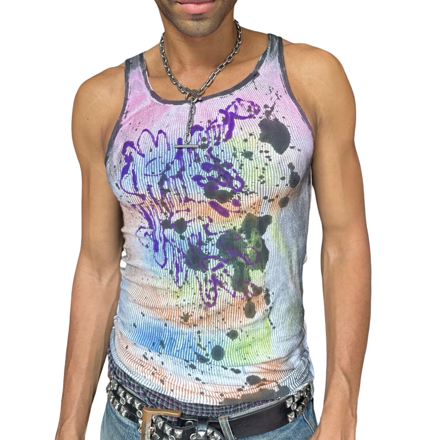 ASTROBOI* x Hanes 'Spectrum' White Graphic Print Multicolored Graffiti Tank Top - front