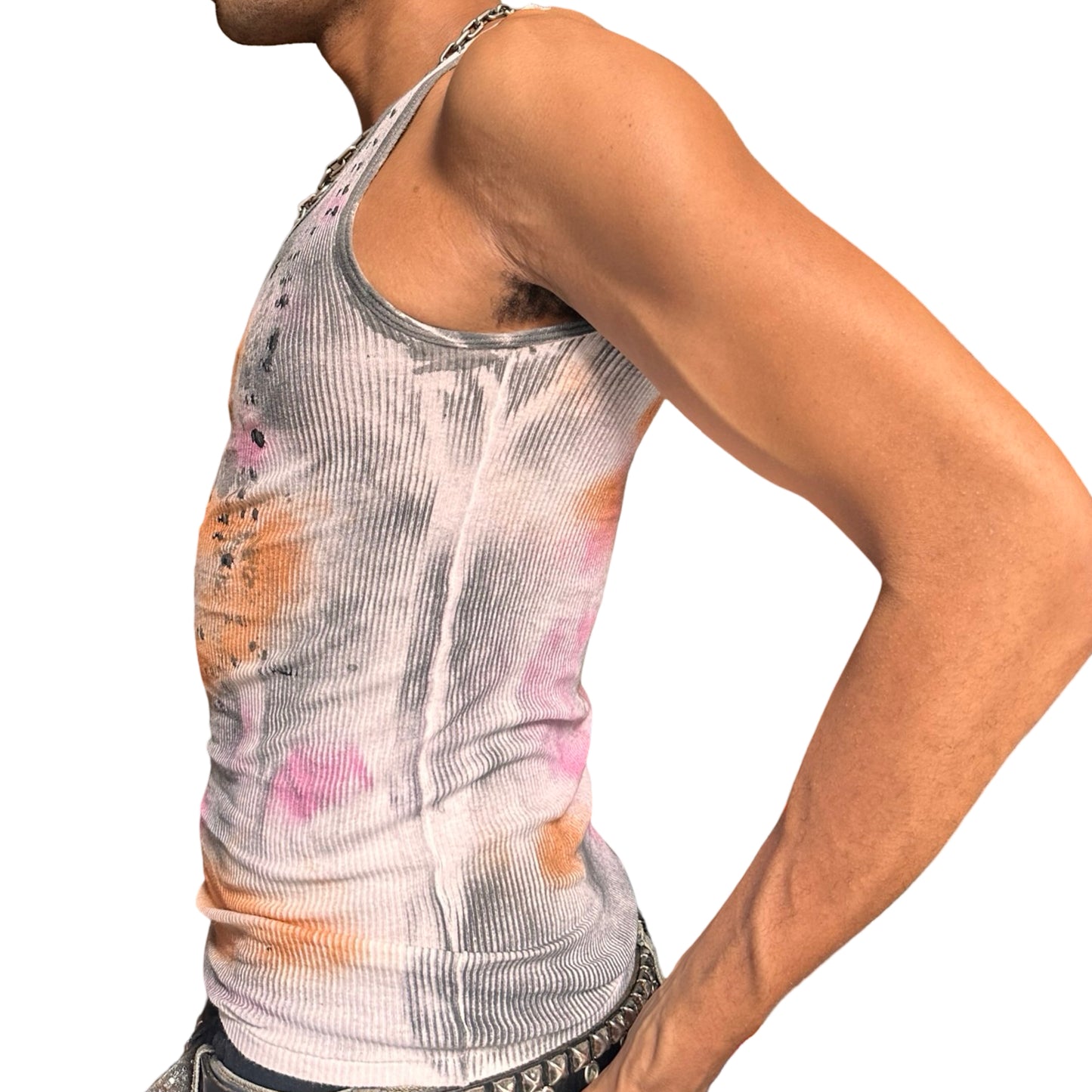 ASTROBOI* x Hanes 'Mars' White Ribbed Pink/Orange/Black Graphic Print Tank Top – left