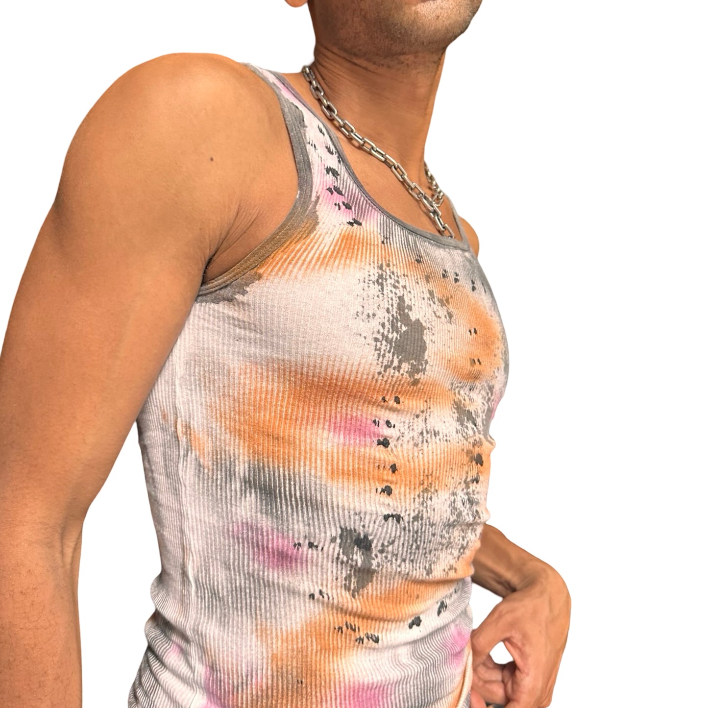 ASTROBOI* x Hanes 'Mars' White Ribbed Pink/Orange/Black Graphic Print Tank Top – right detail