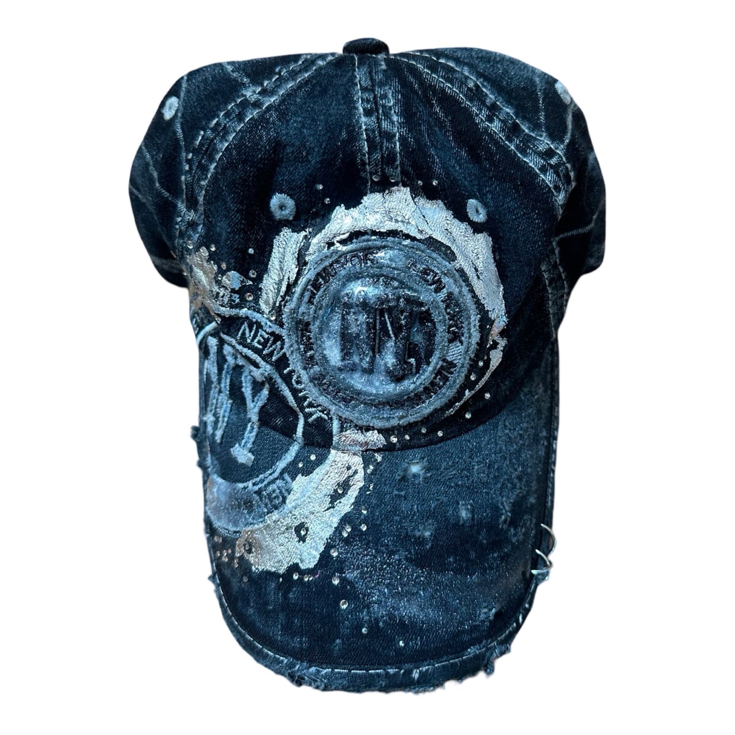 ASTROBOI* Y2K Faded Blue Denim Rhinestone Resin Hat, flat front
