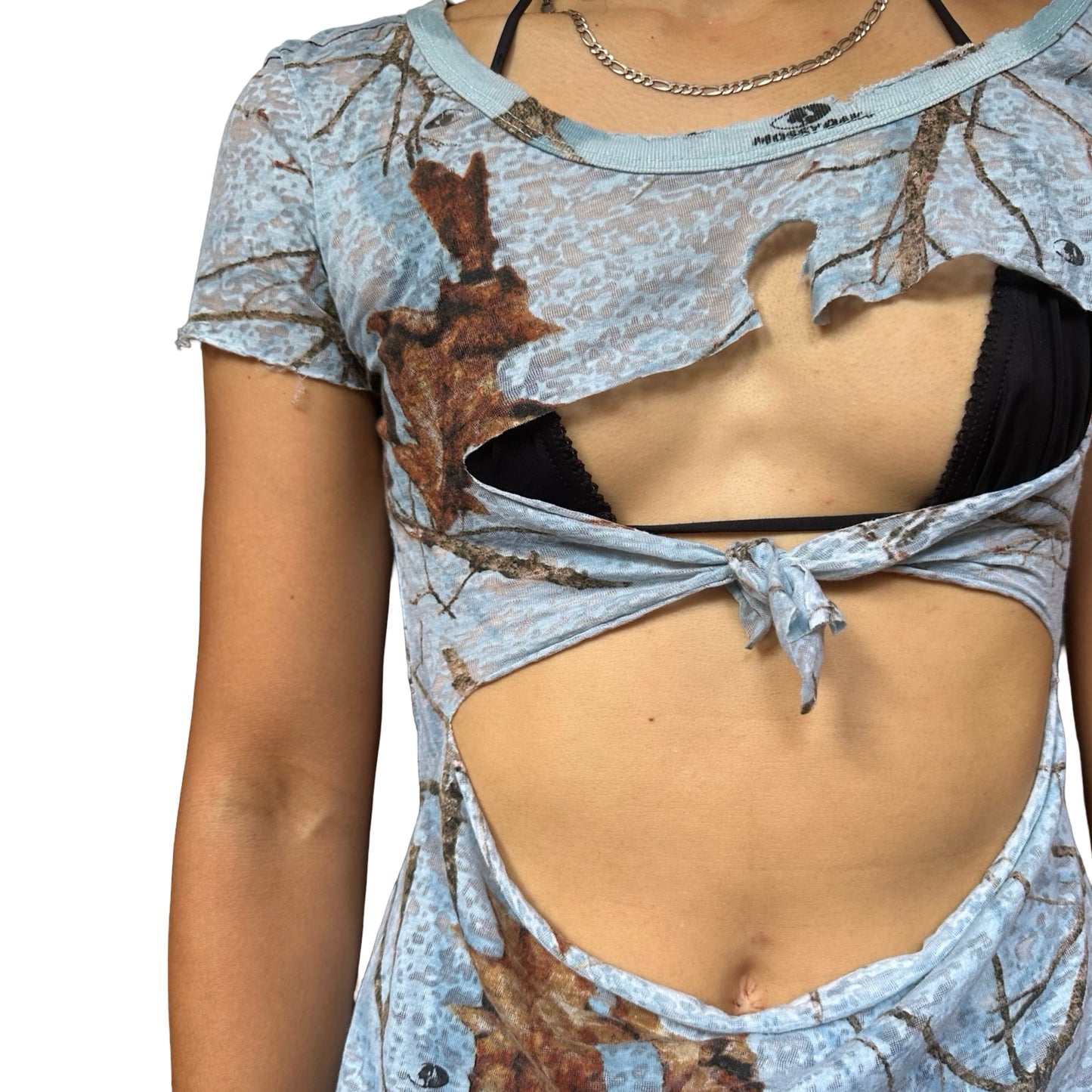 ASTROBOI* Powder Blue RealTree Camo Tie T-Shirt – front close up