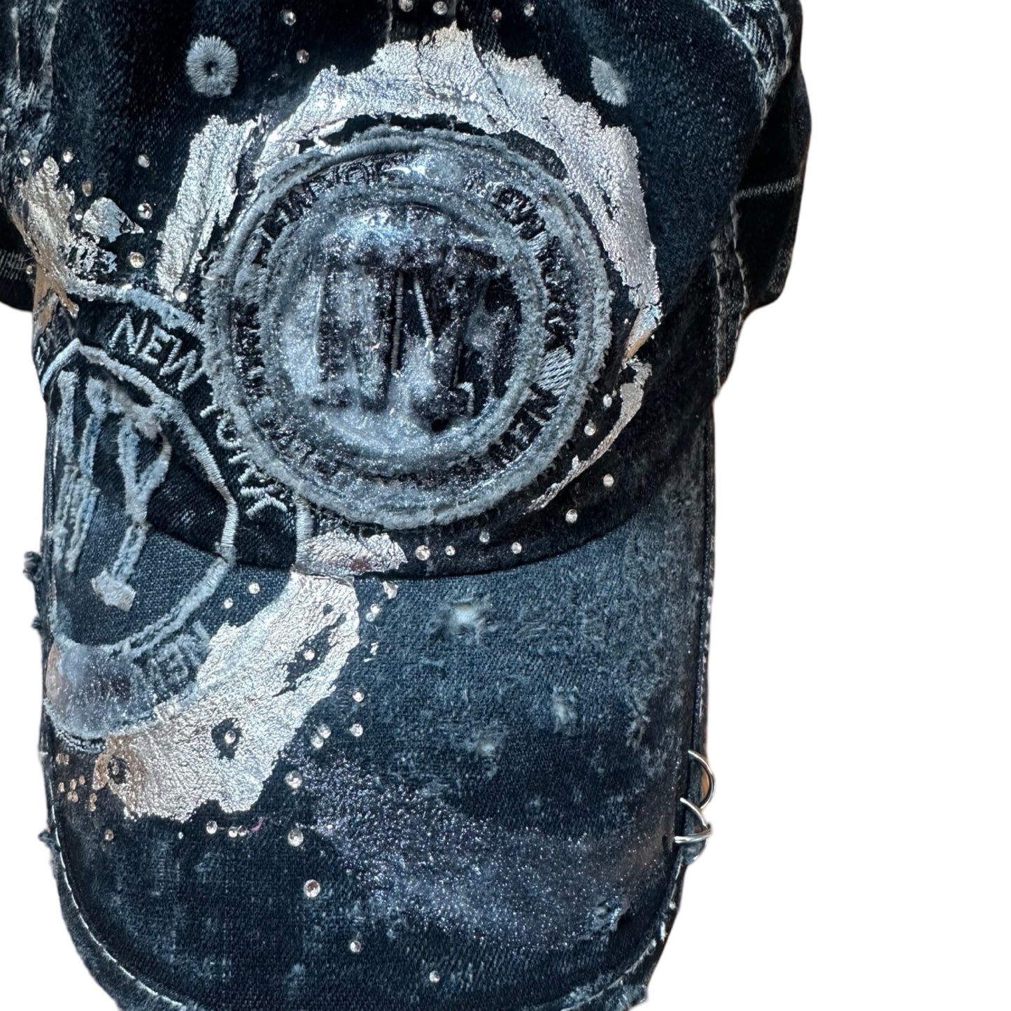 ASTROBOI* Y2K Faded Blue Denim Rhinestone Resin Hat, flat close up left off center
