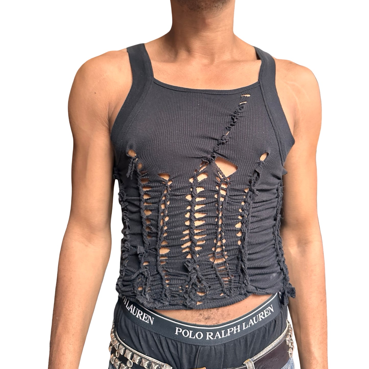 ASTROBOI* ‘Abstract’ Black Braided Cut Out G-Unit Y2K Tank Top – front 2