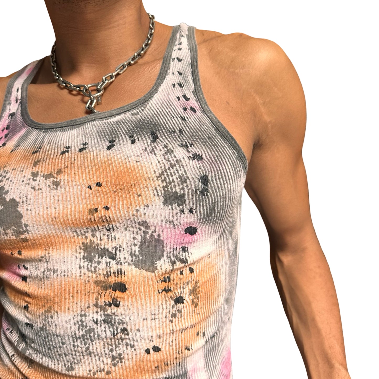 ASTROBOI* x Hanes 'Mars' White Ribbed Pink/Orange/Black Graphic Print Tank Top – close up