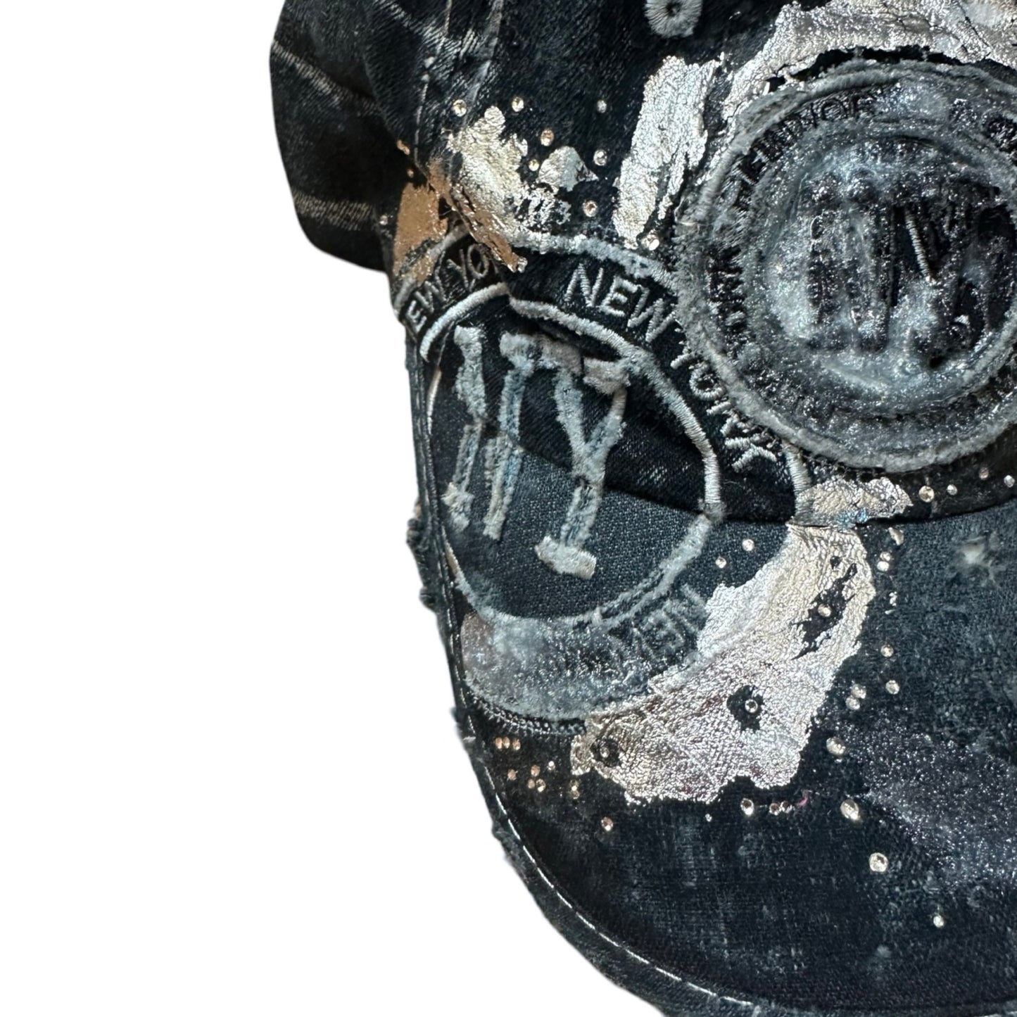 ASTROBOI* Y2K Faded Blue Denim Rhinestone Resin Hat, flat left close up