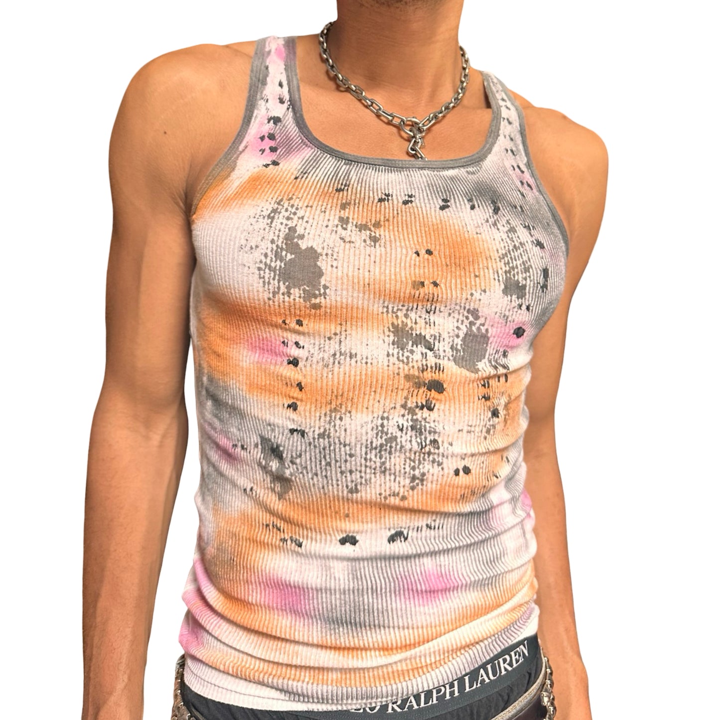 ASTROBOI* x Hanes 'Mars' White Ribbed Pink/Orange/Black Graphic Print Tank Top – front