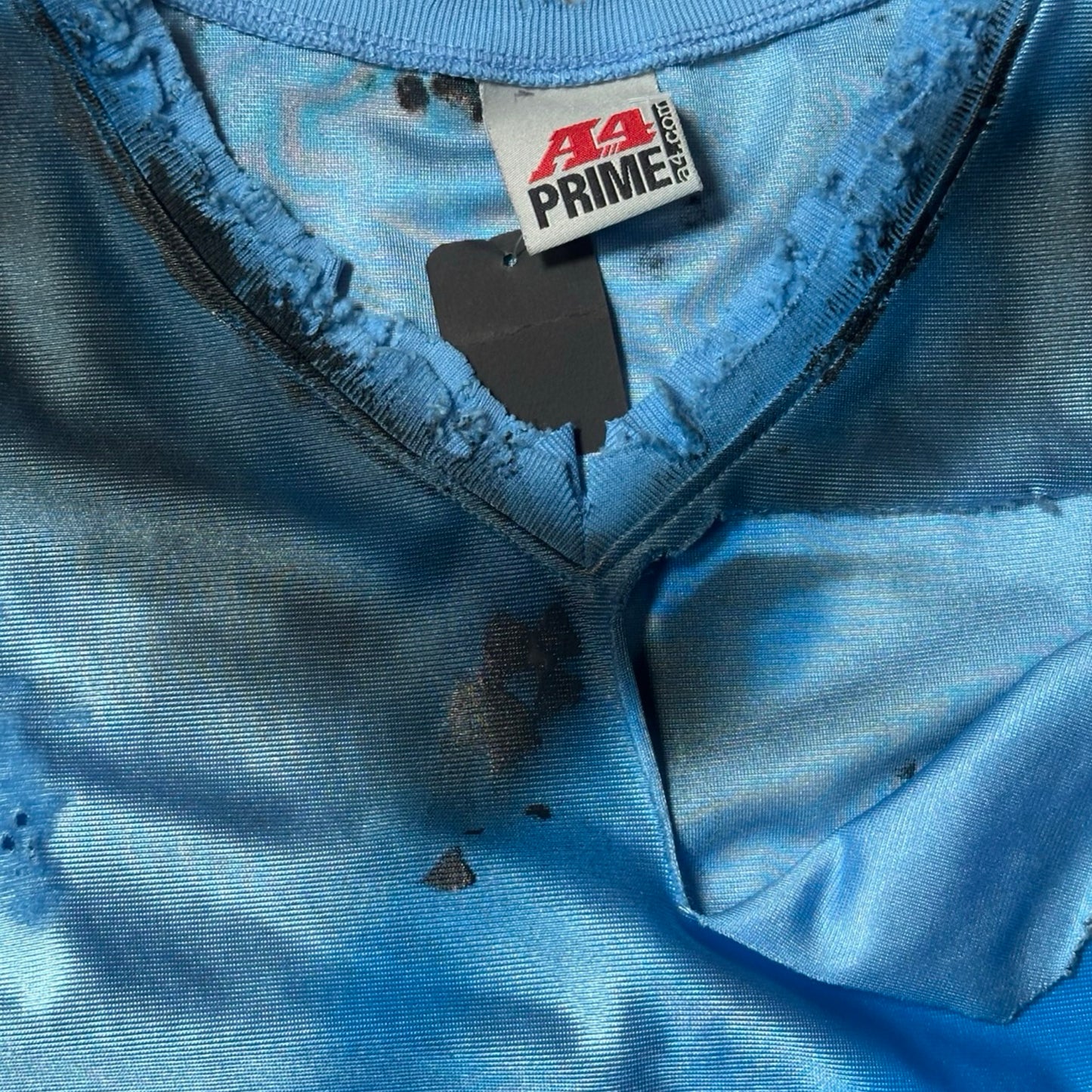 ASTROBOI* V-neck Deconstructed Blue Painted T-shirt Jersey – flat detail tag