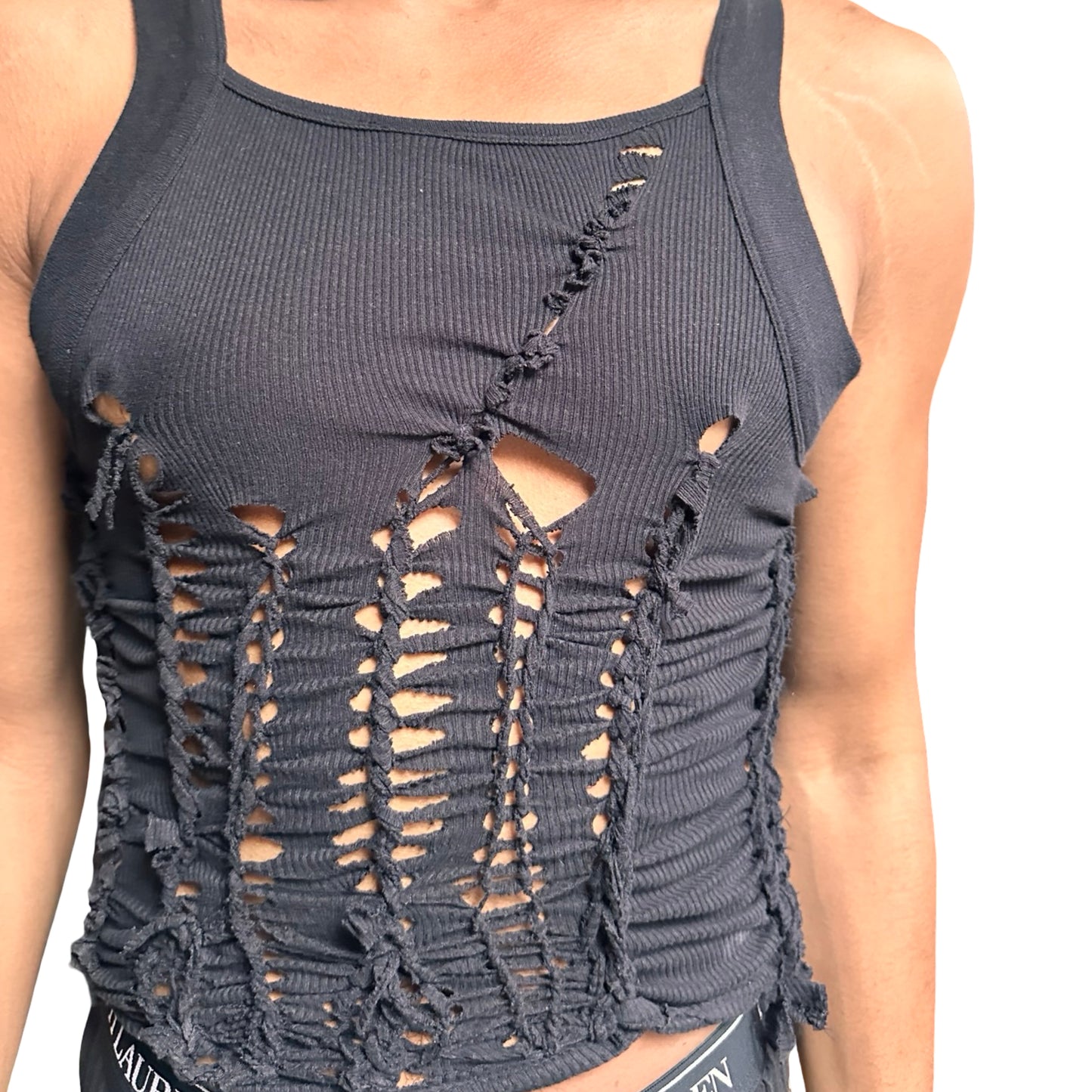 ASTROBOI* ‘Abstract’ Black Braided Cut Out G-Unit Y2K Tank Top – close up