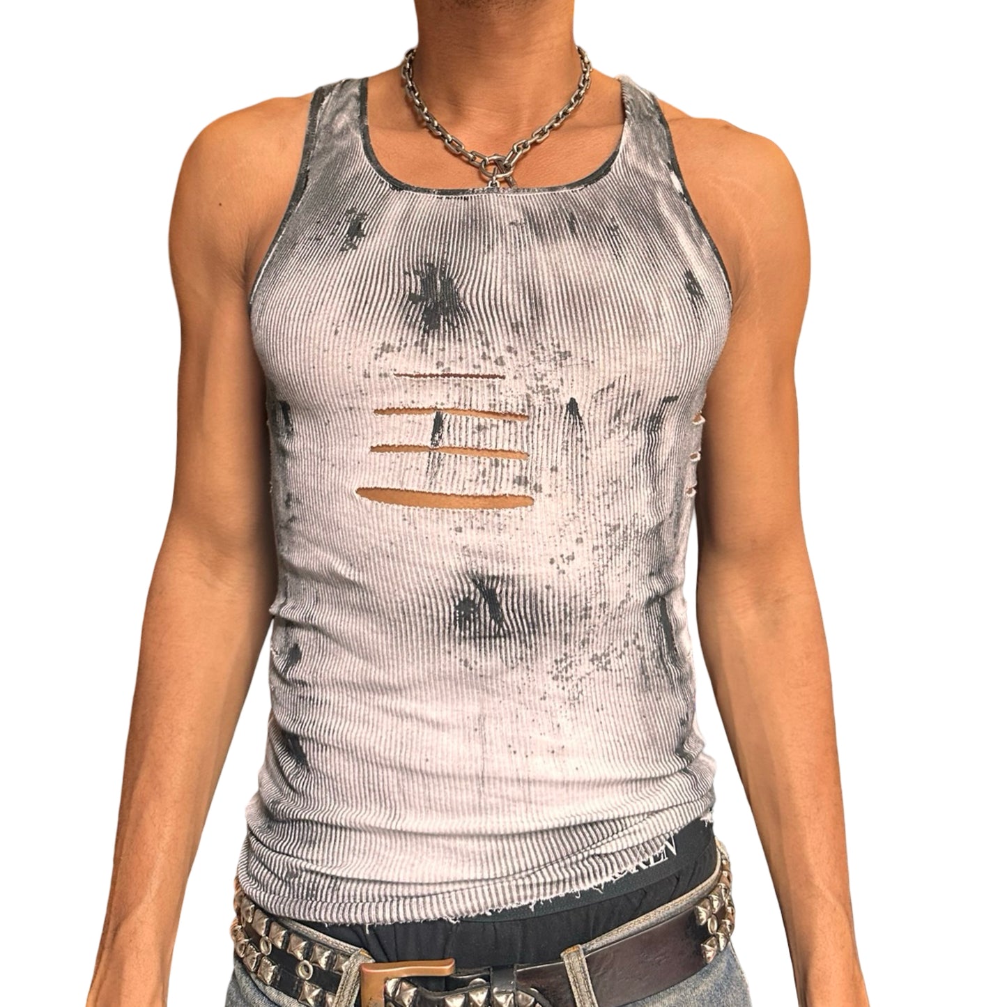 ASTROBOI* x Hanes 'Hero' White Ribbed Black Graphic Print Tank Top - front