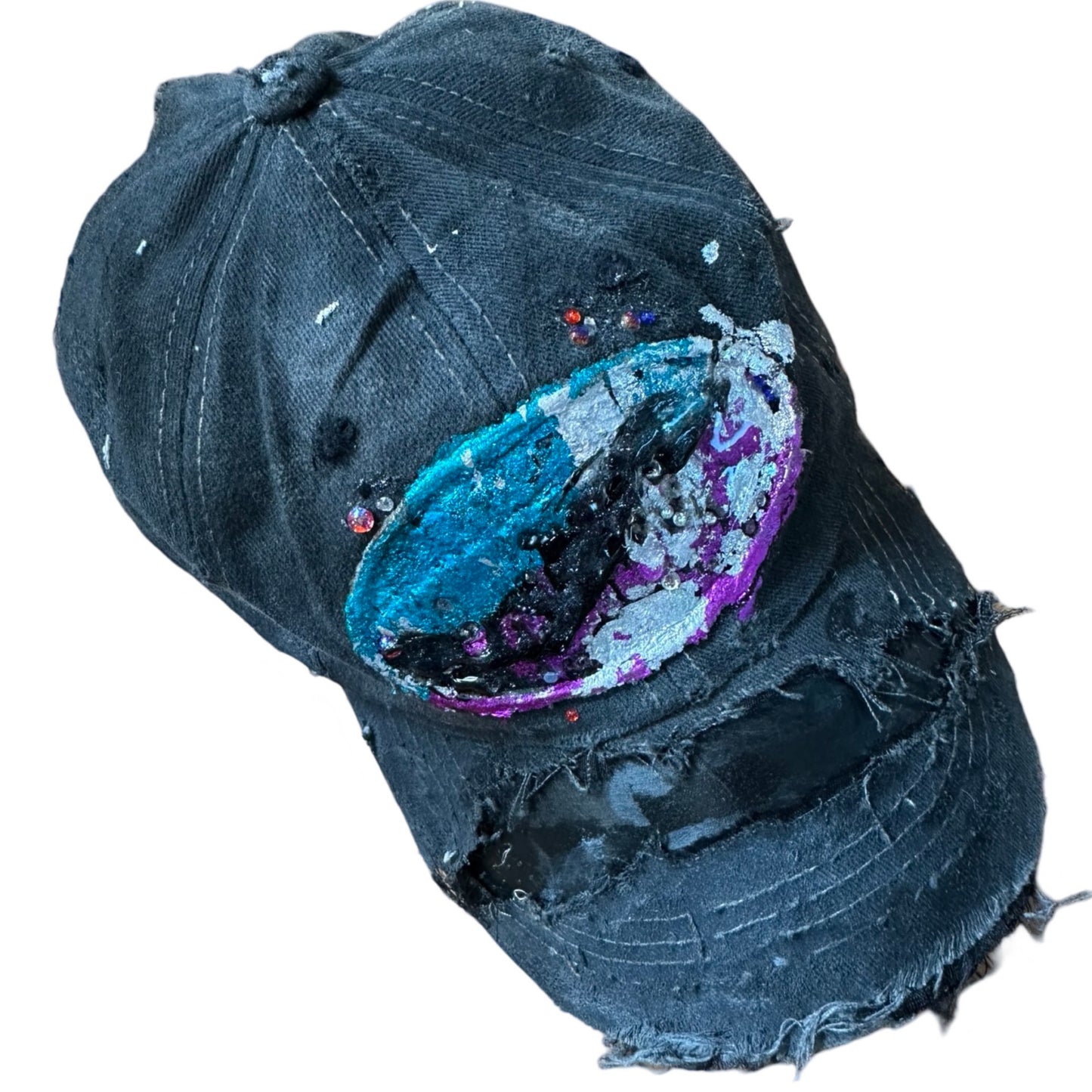 ASTROBOI* 'Technicolor' Black Distressed Rhinestone Hat, flat side
