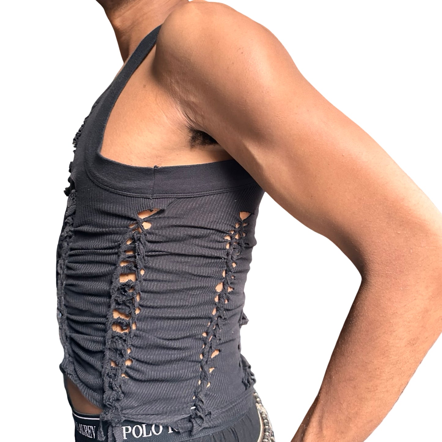 ASTROBOI* ‘Abstract’ Black Braided Cut Out G-Unit Y2K Tank Top – left
