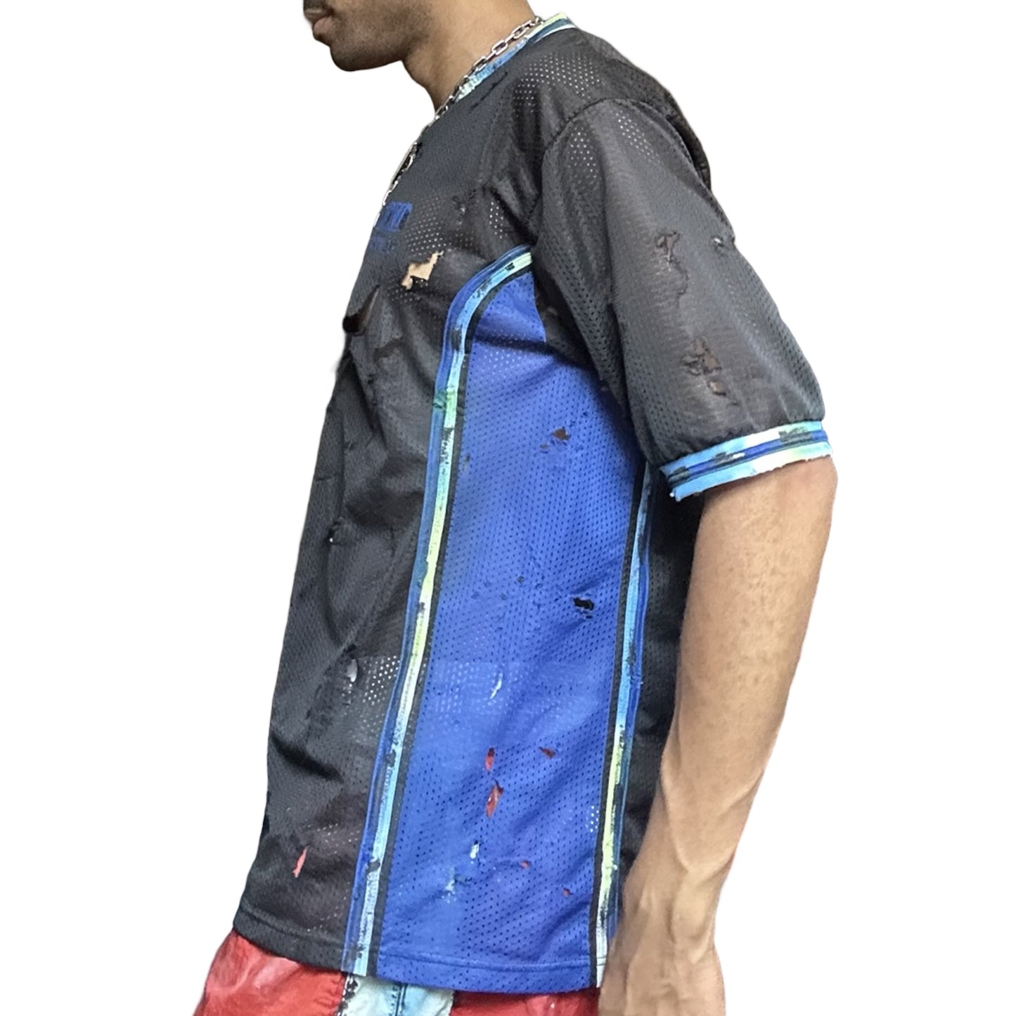 ASTROBOI* XXL Black & Blue Distressed Mesh Grunge Jersey - left