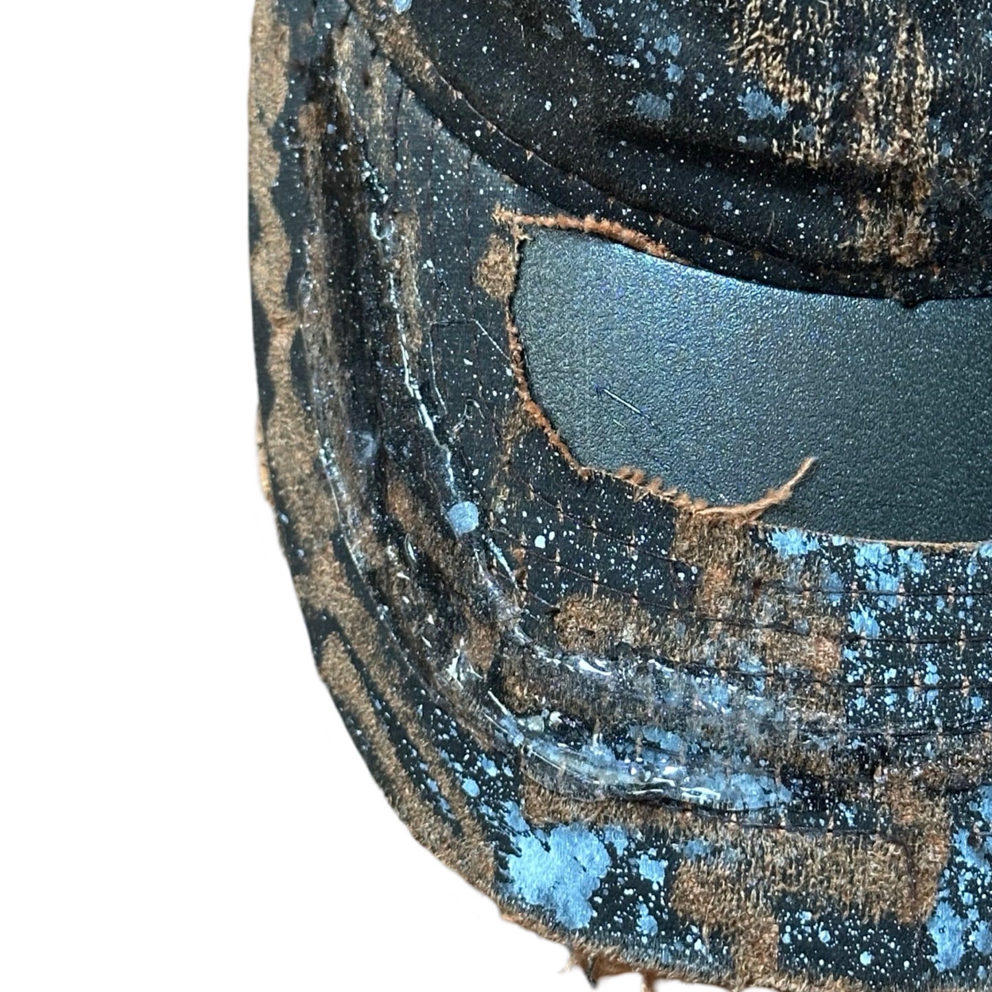 ASTROBOI* Paint Splatter & Pierced Brown Leather Resin Hat , flat left detail