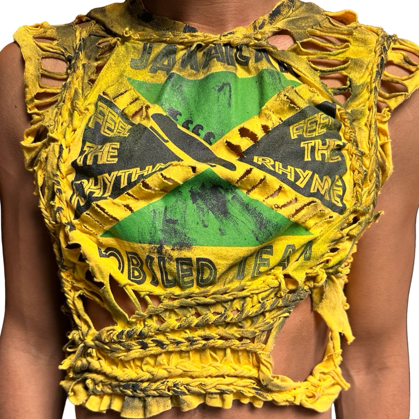 Yellow braided sleeveless top with Jamaican flag design and text on a white background