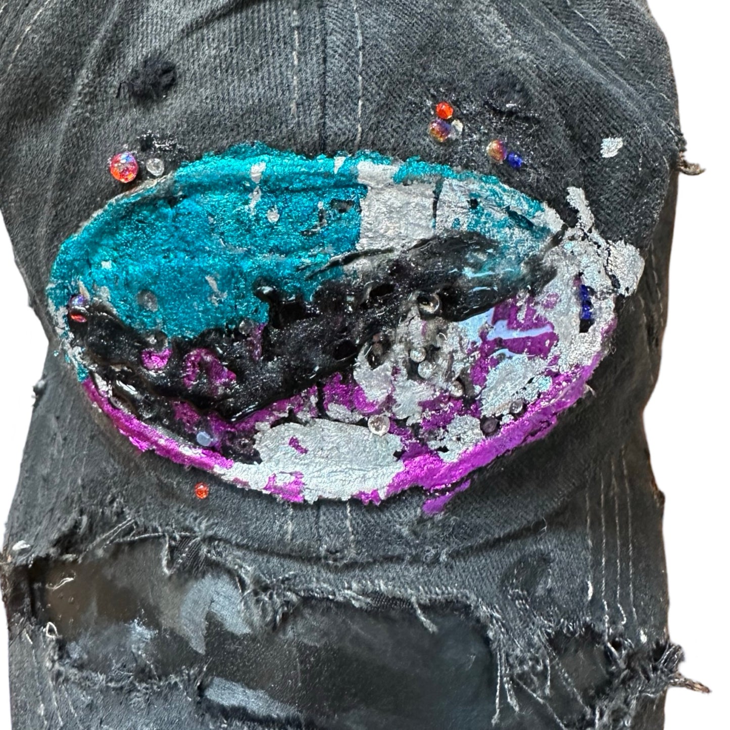ASTROBOI* 'Technicolor' Black Distressed Rhinestone Hat, front detail