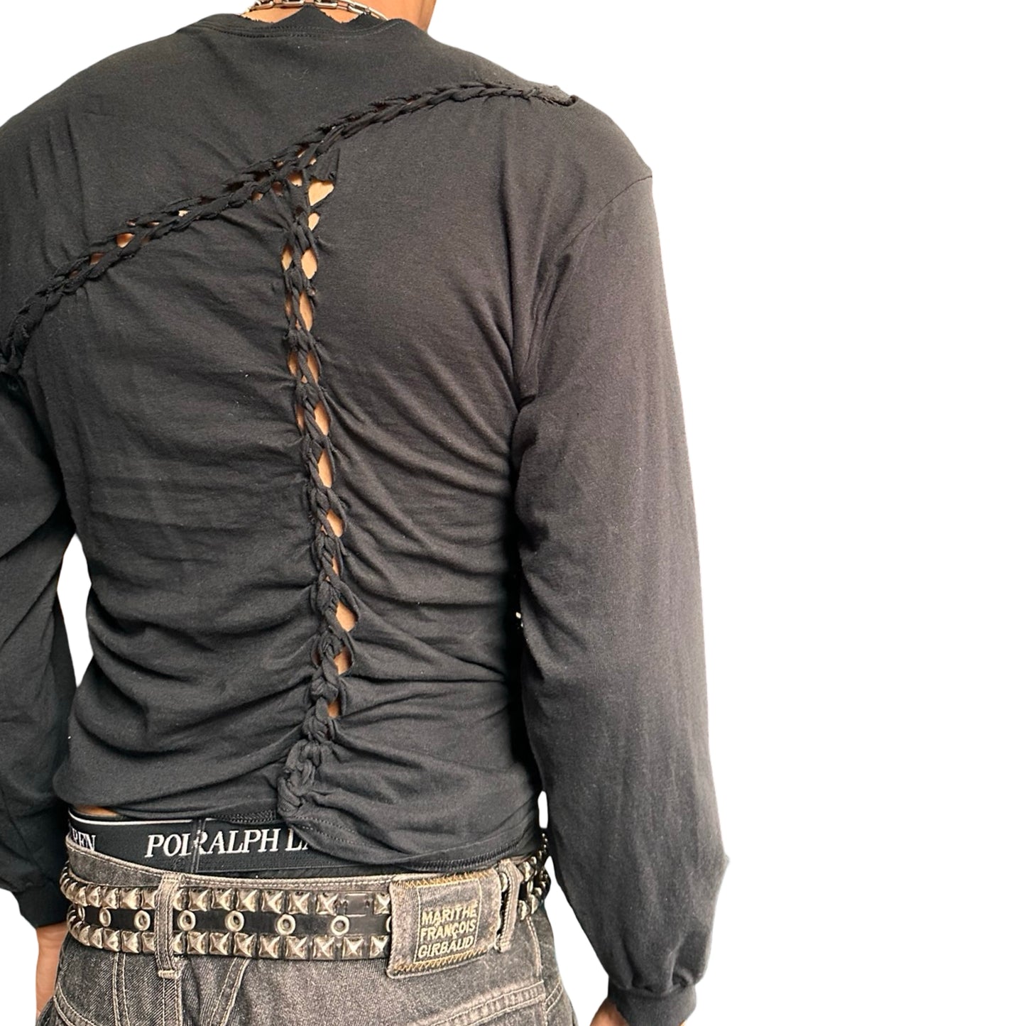 Back view of a person wearing a Black long-sleeve shirt with braided front. This top is perfect for festivals and parties