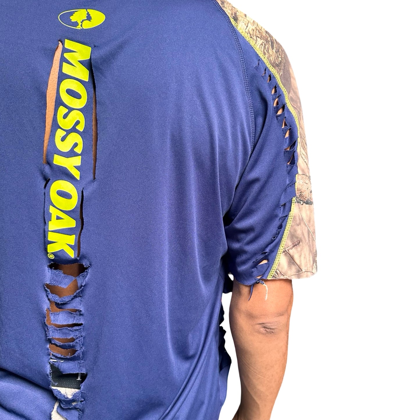 Blue shirt with Mossy Oak logo and camouflage pattern on a white background