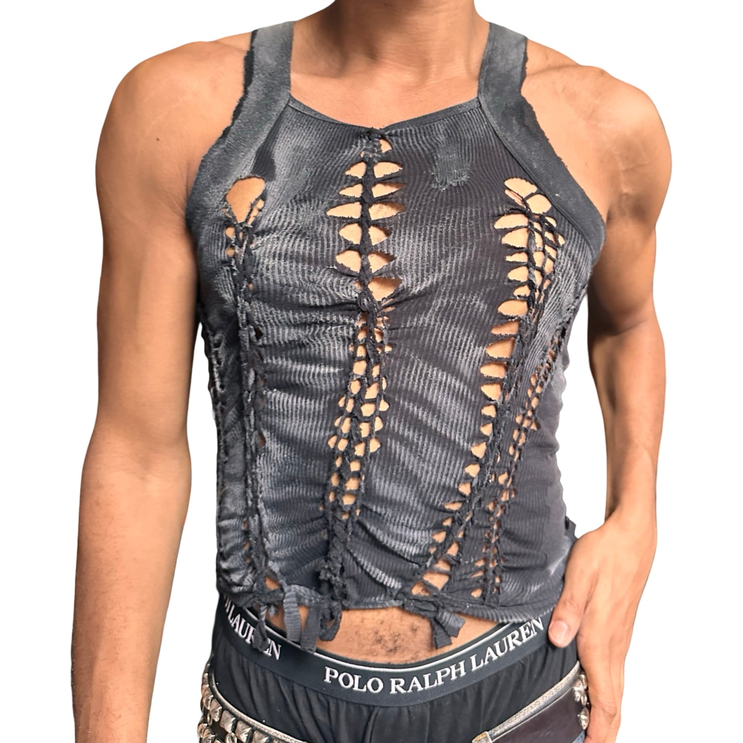 ASTROBOI* Black & White G-Unit Braided Y2K Tank Top – front 2