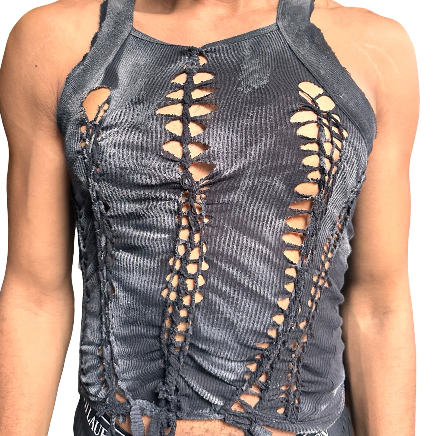 ASTROBOI* Black & White G-Unit Braided Y2K Tank Top – close up