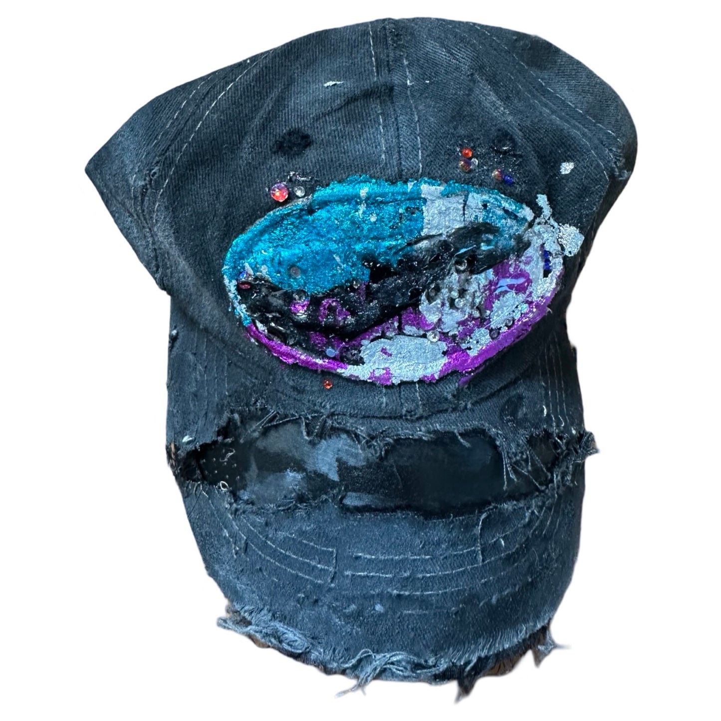 ASTROBOI* 'Technicolor' Black Distressed Rhinestone Hat, flat front