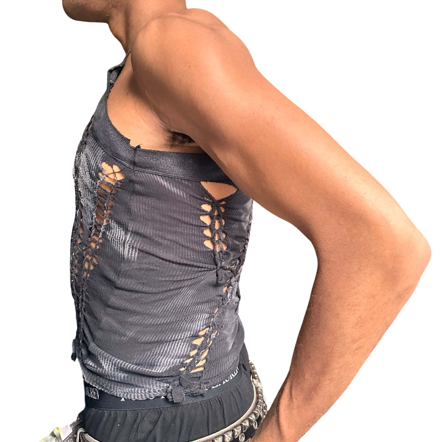 ASTROBOI* Black & White G-Unit Braided Y2K Tank Top – left