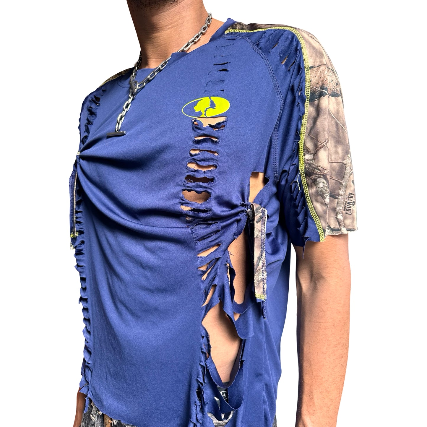 Blue distressed t-shirt with a graphic design on a white background